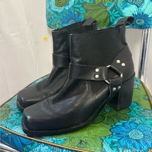 Black Leather Silver Studded Harness Ankle Booties Women’s Size 9.5